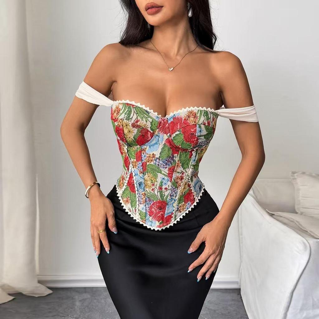 Tao Lina Vintage Print Corset Podkoszulek z Rybim Szkieletem: Damski top bandeau bez rękawów z pięknym tyłem na lato.