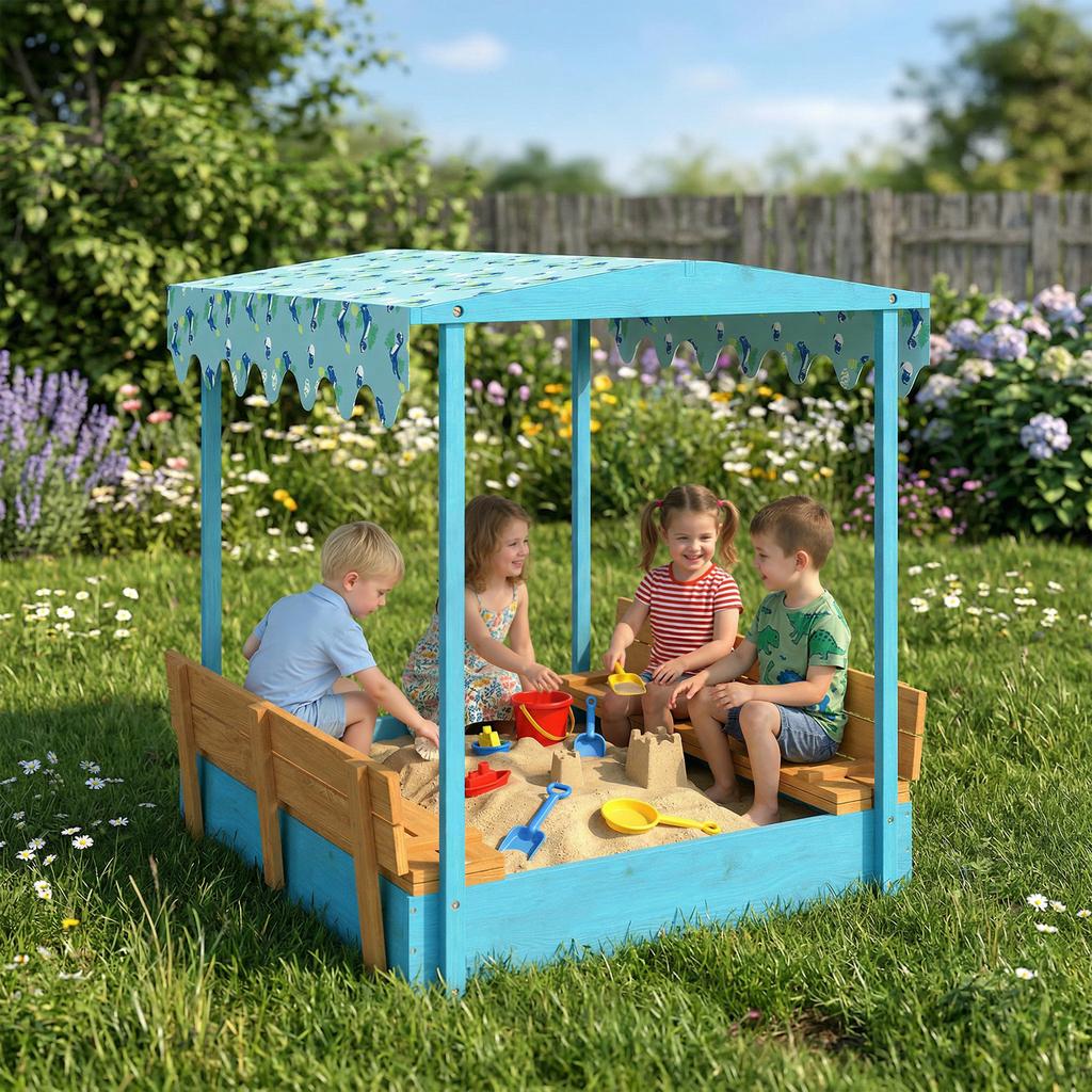 Wooden Sandbox with Lid, Children's Outdoor Sandbox with Foldable Seat, Blue Flamingo Printed Canvas