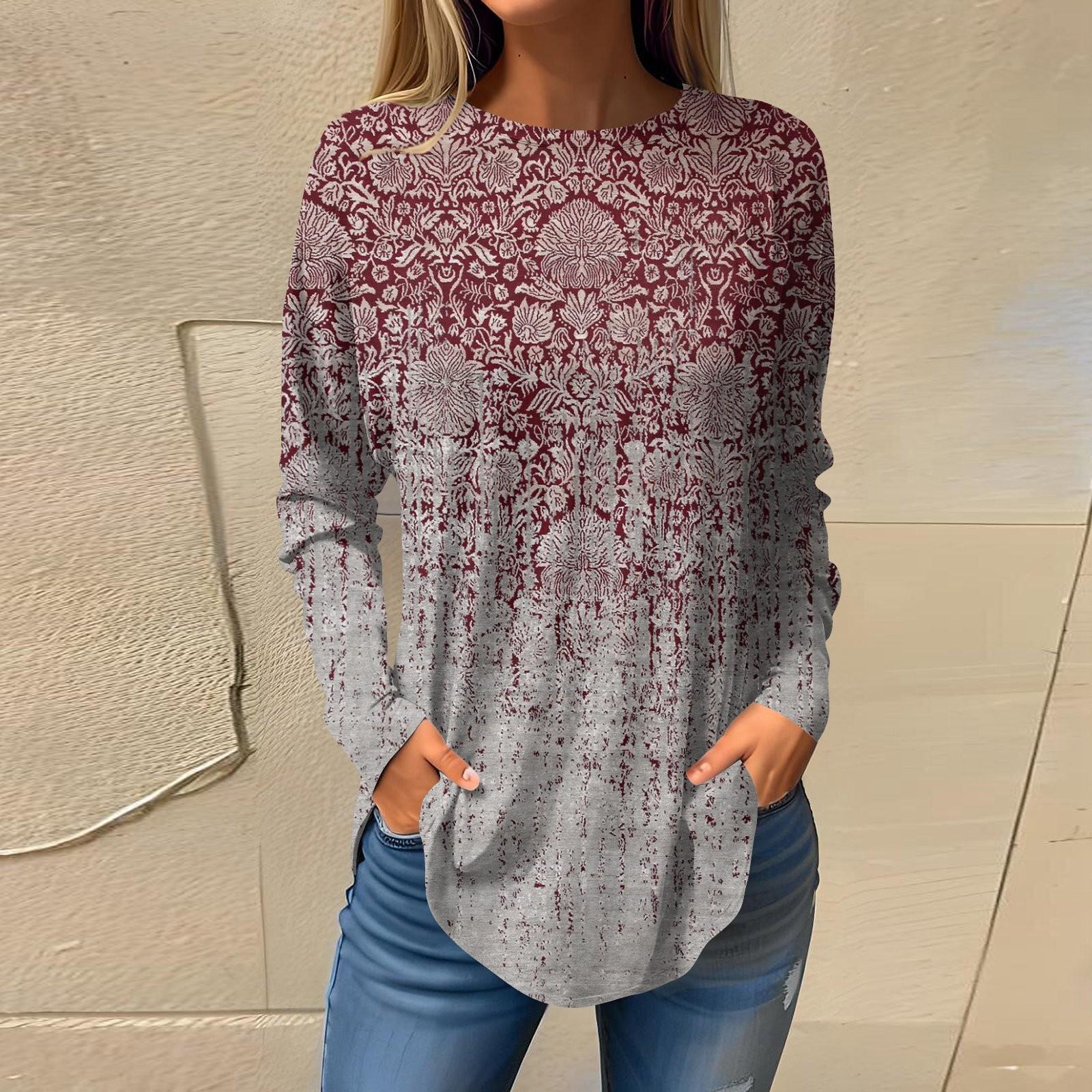 

Футболки для женщин, осенние повседневные рубашки с длинными рукавами, толстовка с ретро-принтом, топ, пуловер XXXL коричневый