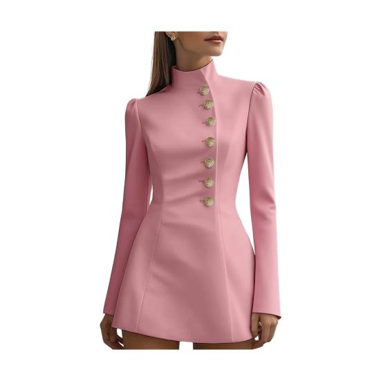 Stand Collar Work Dress for Women Long Sleeve Single-Breasted Suit Dress Formal Church Office Sheath Dress