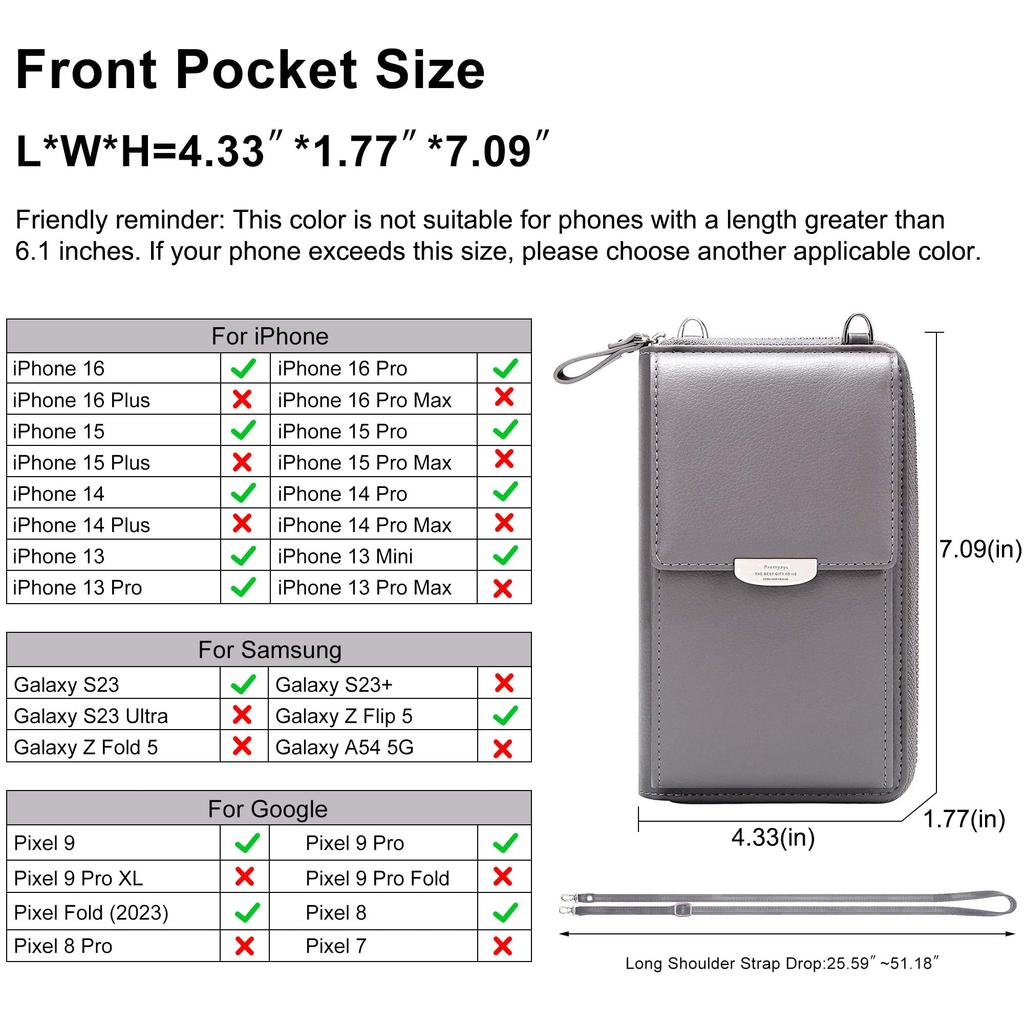 KUKOO Small Crossbody Bag Mobile Phone Wallet with Credit Card Slot for Zipper Upgraded Women, A-Gray Version, One_size