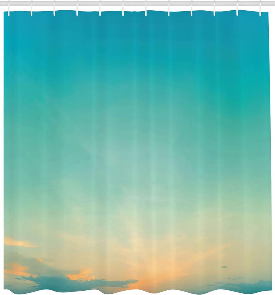 Aqua Shower Curtain, Twilight Sunset Morning Clear Sky Dawn Nature Clouds Horizon Artwork, Cloth Fabric Bathroom Decor