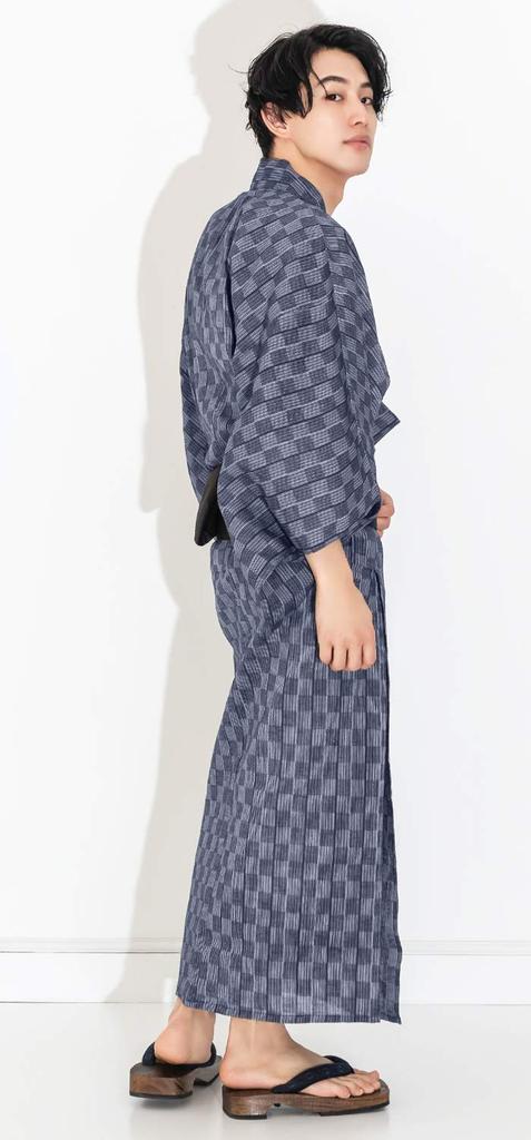 KYOETSU Yukata Set and Waist Checkered Pattern x Navy Blue Men's 3-Piece (Yukata, One-Touch Obi, Cord) (M, C-18. (One-Touch Obi, Black))