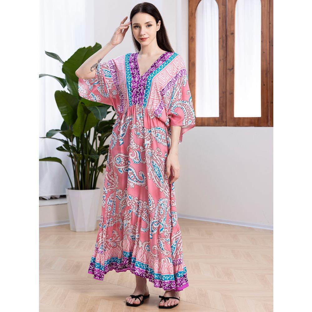 Plus Size Boho Kaftan Dress, Women's Plus Maxi Cover Up Dress