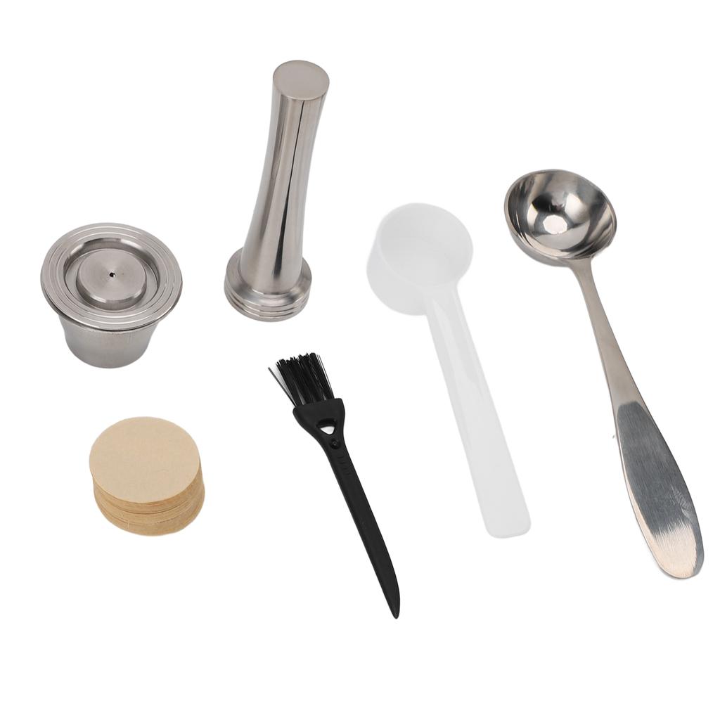 Reusable Coffee Capsule Pod Threaded Bottom Stainless Steel Coffee Tamper with 100 Filter Papers 2 Spoons Brush for Home Office