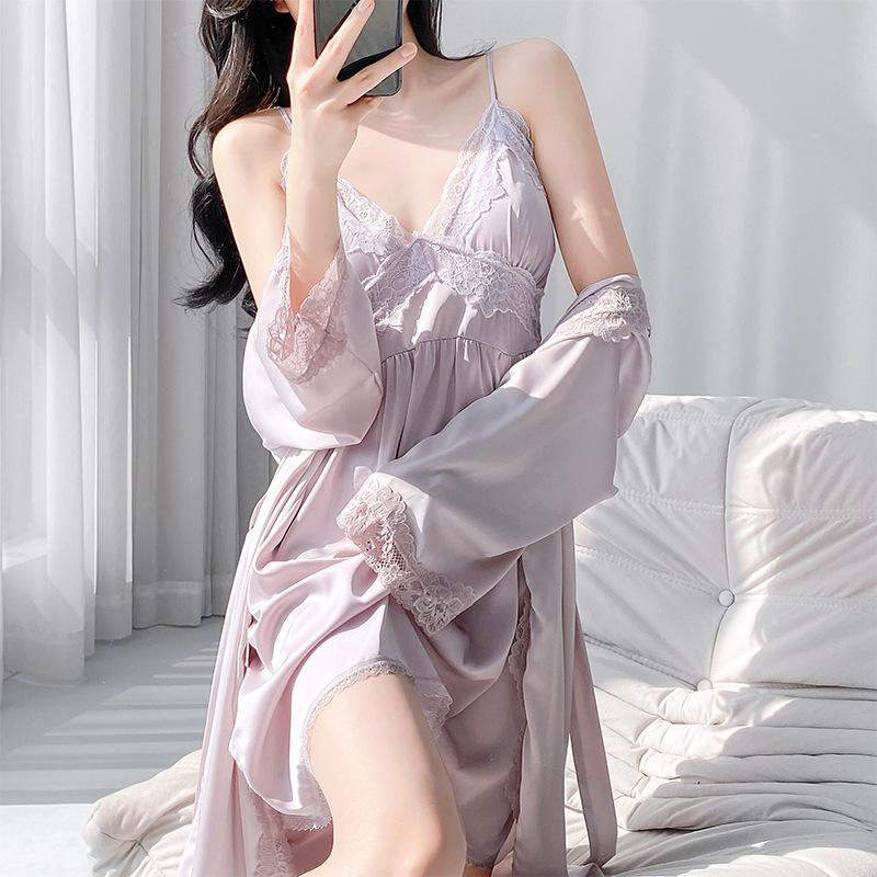New splicing lace V-neck nightdress women's summer breathable ice silk suspender skirt with cardigan outside direct supply