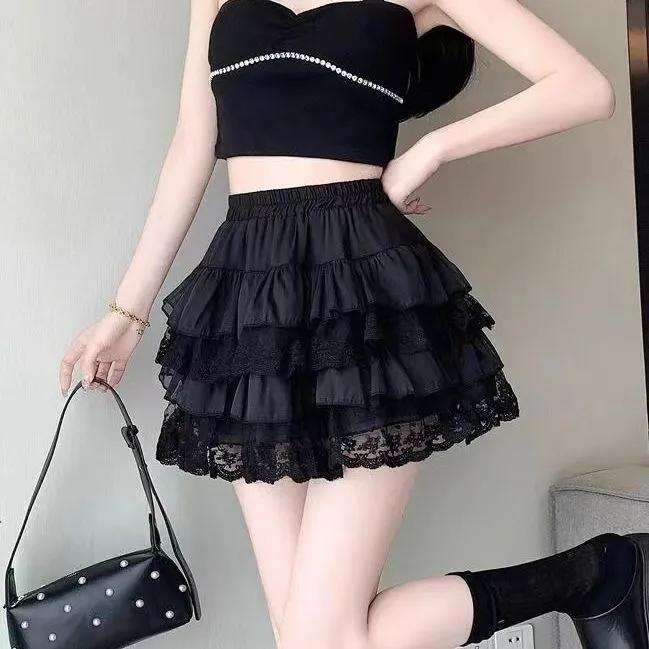 Elastic Gothic Lace Tutu Skirt Women Black Mesh Detail Petticoat Sexy Mini Tulle Skirts Party Club Wear Dancer