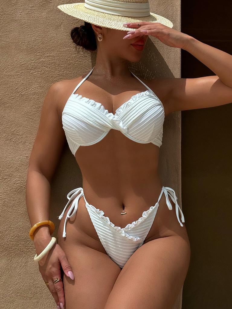 Women's Swimwear Solid Color Halter Neck Sexy Backless Side Tie Bikini Suit Beachwear Bathing Suits