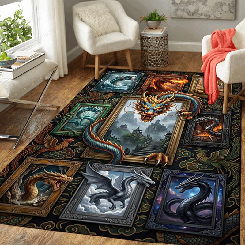 Dragons Art Frames Pattern Rug Floor Mat for Living Room or Bedroom Soft and Comfortable Carpet a Gift for Birthday and Holiday.