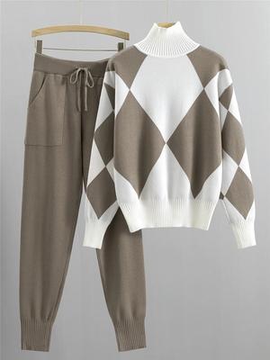 Damski jesienno-zimowy 2025 casualowy dzianinowy sweter w kratę i spodnie zestaw dwuczęściowy