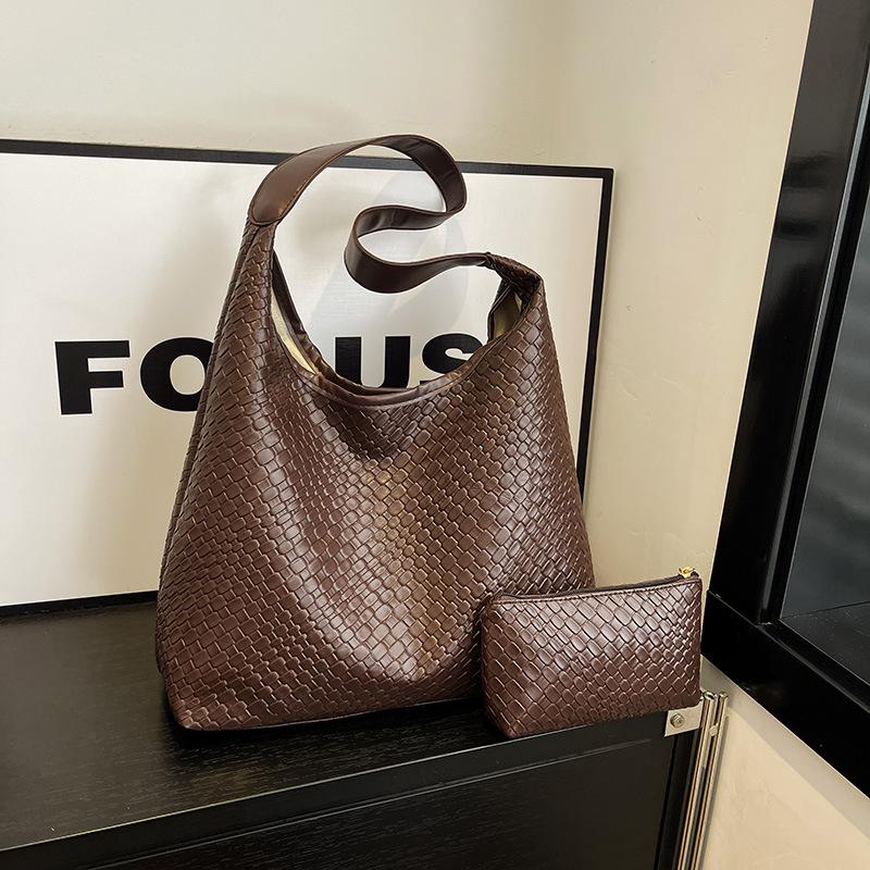 Large Capacity Vintage Woven Tote Bag with Detachable Mini Purse Set Faux Leather Shoulder Handbag for Women