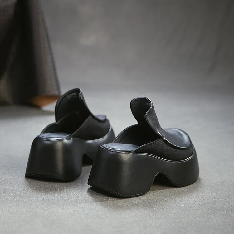 Johnature Height Increasing Outdoor Platform Slippers Genuine Leather Round Toe Thick Soled Women's Shoes