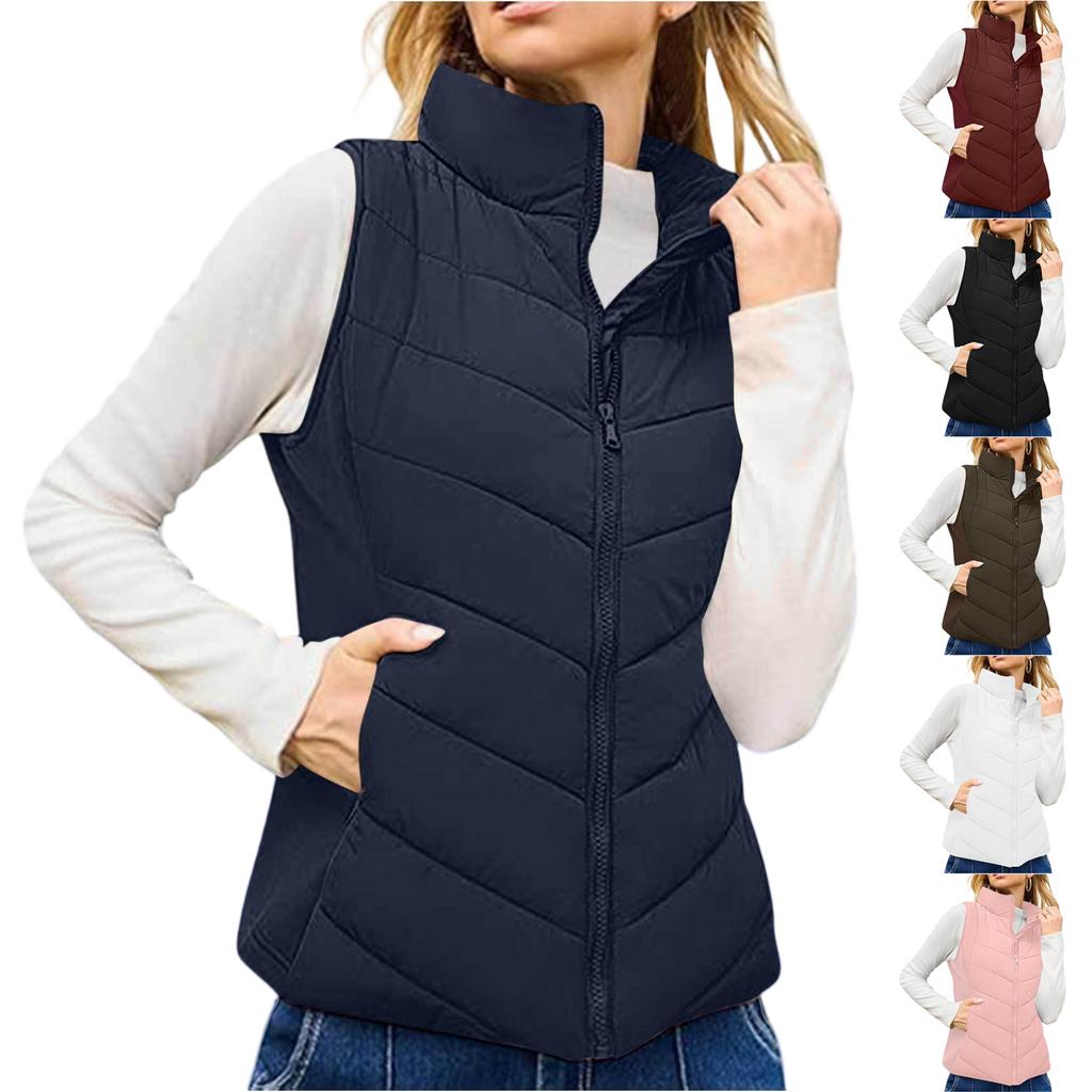 Women's Fashionable Solid Color Stand Up Collar Sleeveless Zipper Pocket Jacket Vest Jacket