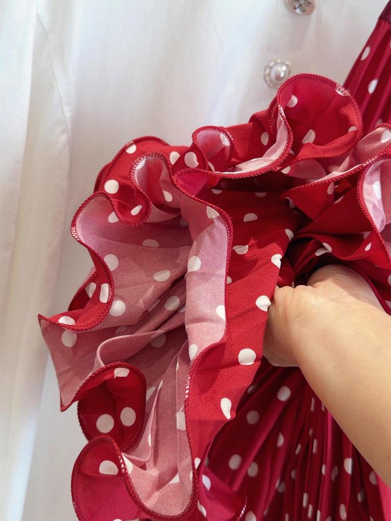 Korean-Japanese Red Polka Dot Chiffon Pleated High-Waist Slimming Long Skirt for Women