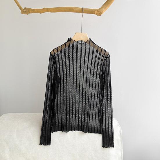 Women Sunscreen Tops Half High Collar Long Sleeve Perspective Mesh Tops Lace Lines Texture Blouse Daily Wear