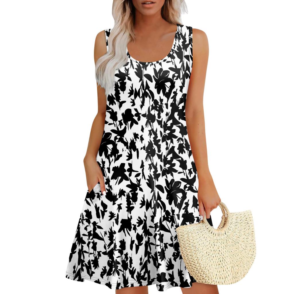 Women's Summer Casual U-shaped Tie Pocket Popular Floral Print Dress