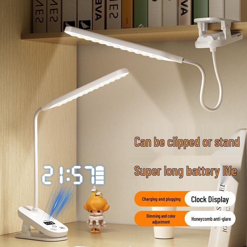 Eye-Friendly LED Clip-On Desk Lamp with Clock – Perfect for Study, Dorm, and Bedside Reading