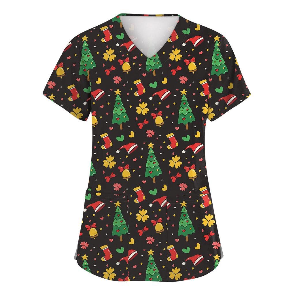 Women's Fashion Short Sleeve Christmas Print V-Neck Pocket Workwear Tops