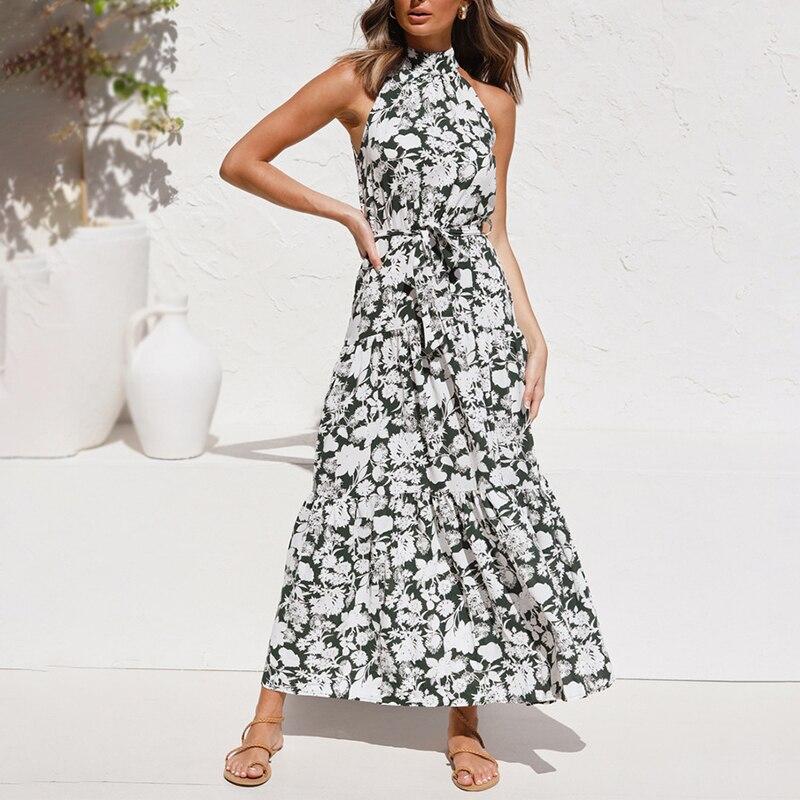 Sexy Neck-mounted Dot Beach Dress For Holiday Summer Casual Sleeveless Floral Printed Long Dress Women Fashion Robe Femme 25765