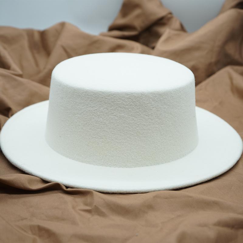 Korean White Woolen Flat Top Top Hat Women'S Autumn And Winter Wide Brim French Retro Foreign Trade Light Board Felt British Hat