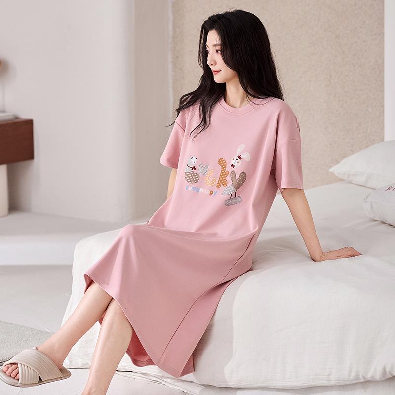 Women's Summer Pure Cotton Short-sleeved Pajamas with Chest Pads 1011 New Round Neck Sweet and Wearable Dress