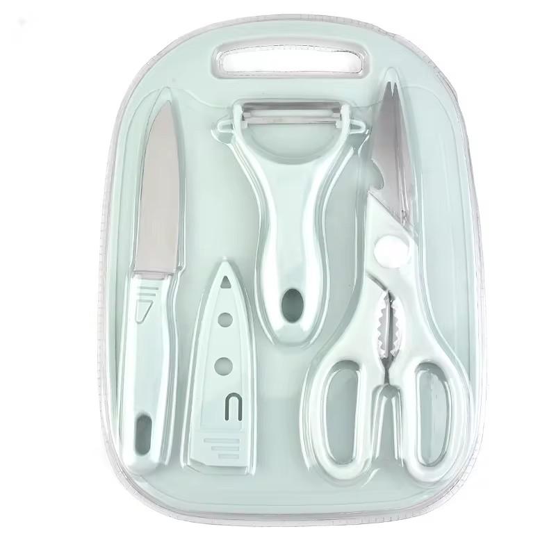 4-teiliges Küchenset, Obstmesser, Schere, Schäler, Schneidebrett, Hackbeil, Ausbeinmesser, Schälmesser, Grill, Küchenhelfer