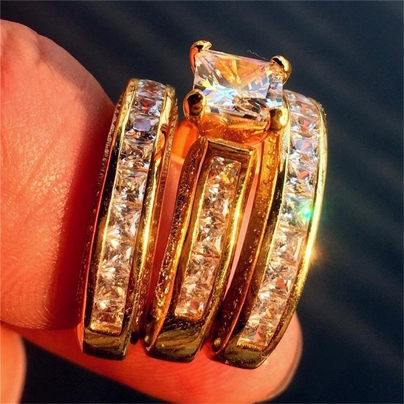 Hot sale, three-piece set of micro-inlaid zircon ring, luxury couple zircon ring, European and American women's jewelry.
