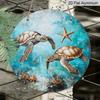 Vintage Sea Turtles & Starfish Metal Wall Art – 2D Flat Round Aluminum Sign with Oceanic Blue Background, Coral Reef Design, Indoor Decor for Living