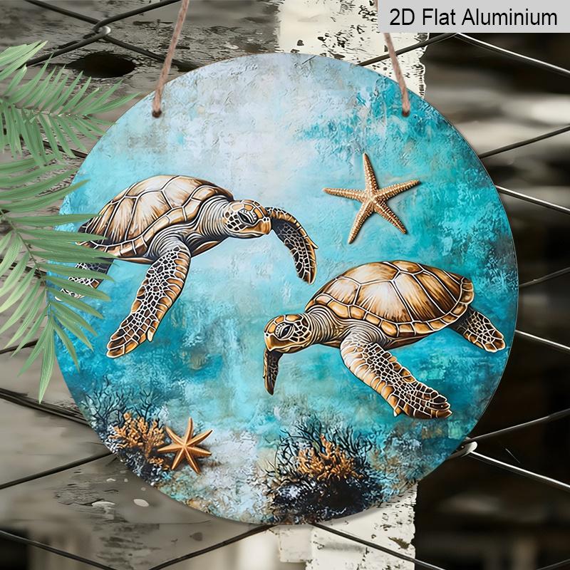 Vintage Sea Turtles & Starfish Metal Wall Art – 2D Flat Round Aluminum Sign with Oceanic Blue Background, Coral Reef Design, Indoor Decor for Living