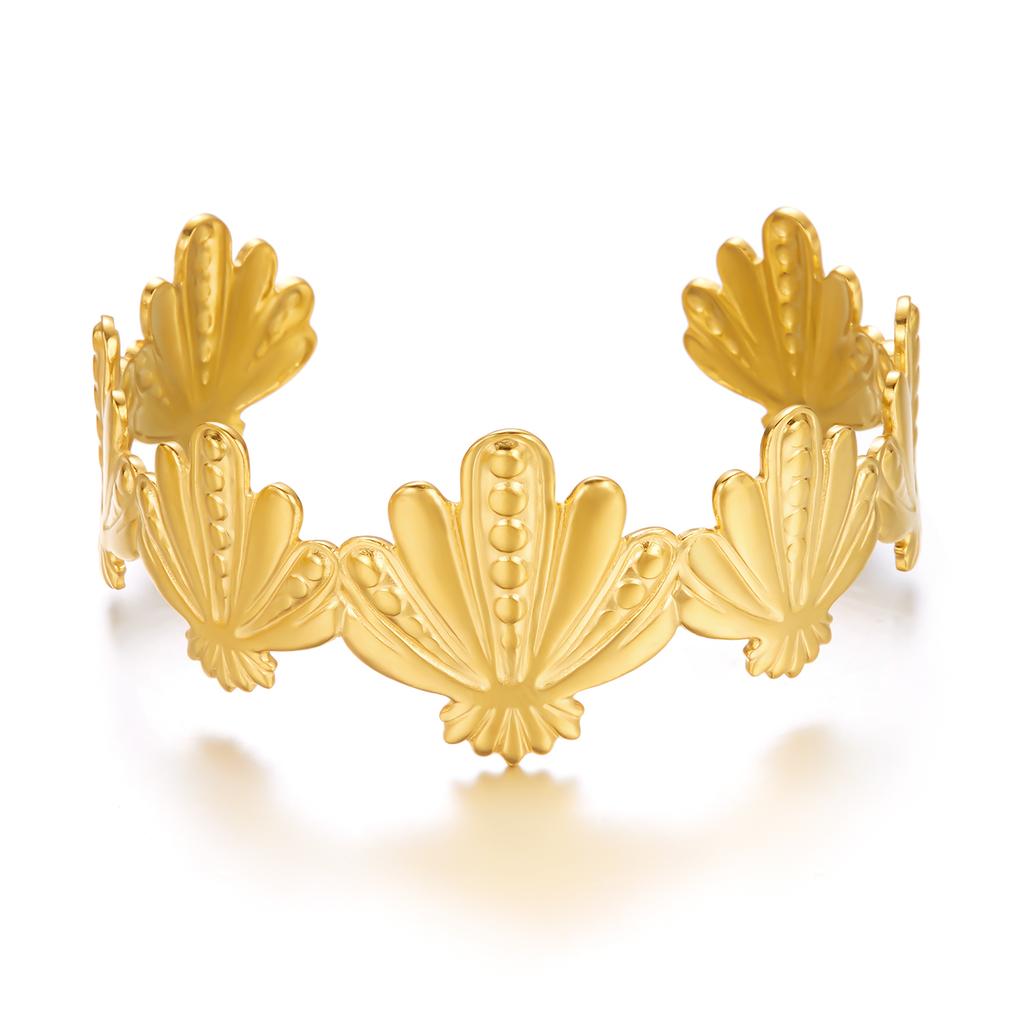 Exaggerated Stainless Steel Metal Shell Flower Cuff Bangle Bracelet for Women Vintage Gold Color Bangles Beach Party Jewelry New