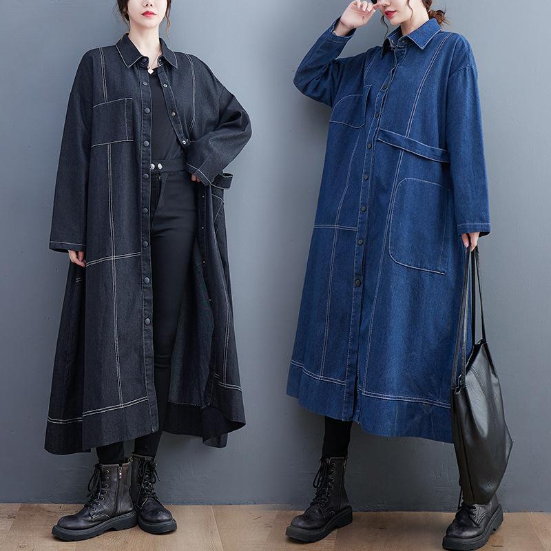 Women's Long Sleeve Denim Coat Turn Down Collar Vintage Loose Fit Trench Coat