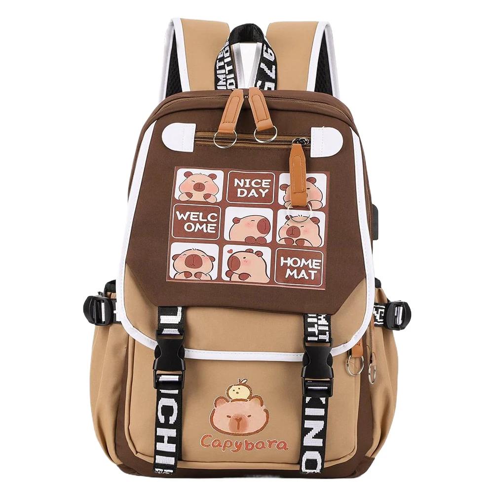 Capybara Flap Backpack with Pencil Case Fashion Casual Nylon Cute Bag Large Capacity Bookbag Animal Cartoon Daypack for Teens