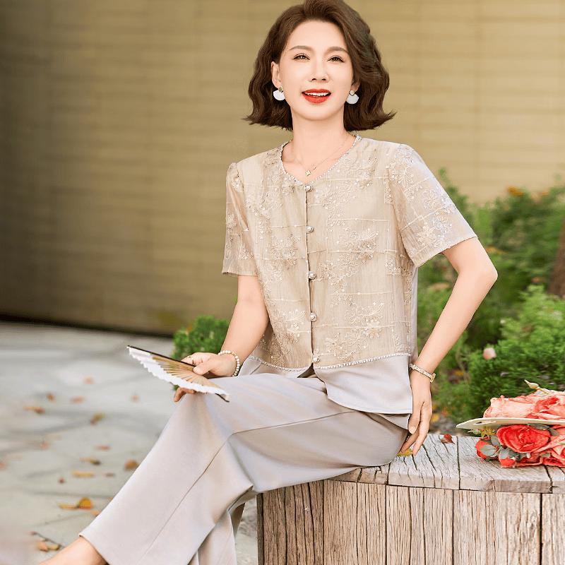 Yuzhaolin Mid-Aged Women s Elegant Embroidered Summer Set 3XL