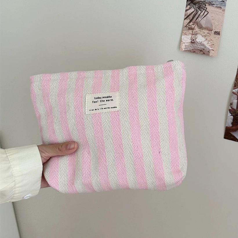 Retro Stripe Cosmetic Bag for Women Portable Canvas Travel Toiletries Storage Bags Female Makeup Case Clutch Purse Handbags