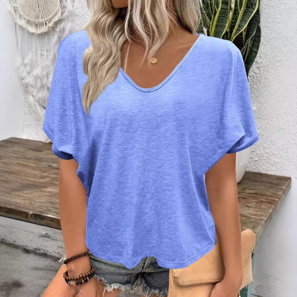 2024 European-American New V-Neck Pleated T-Shirt, Loose Fit, Short Sleeves In Candy Colors.