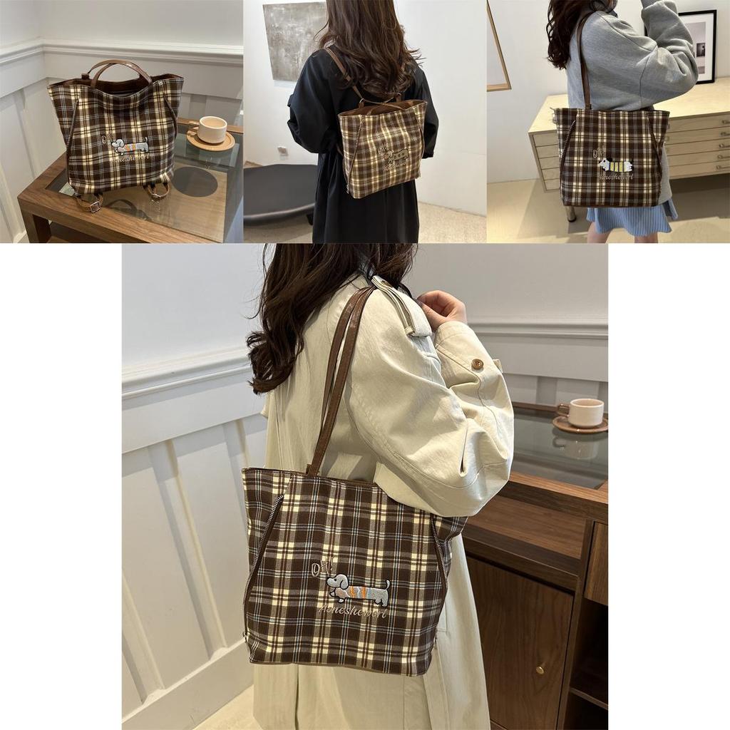 Stylish High-quality Tote Bag For Women In Trendy Plaid Design With Cartoon Dog Print