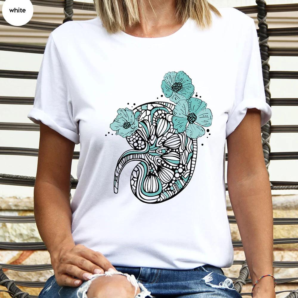 Floral Kidney Anatomy Graphic Shirt Boho Kidney Disease Support TShirt Aesthetic Dialysis Nurse Gift Tops Tees M