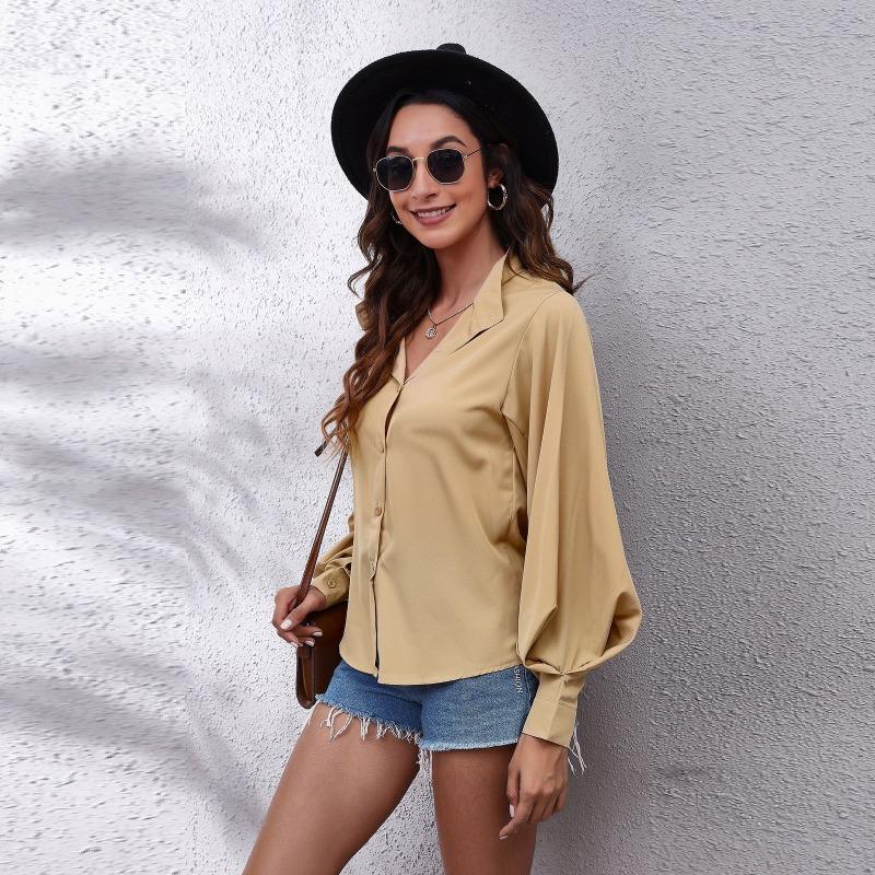 Spring Stand Up Collar Lantern Sleeve Shirt Women's Solid Color Long Sleeved Shirt Chiffon Shirt Blouses & Shirts