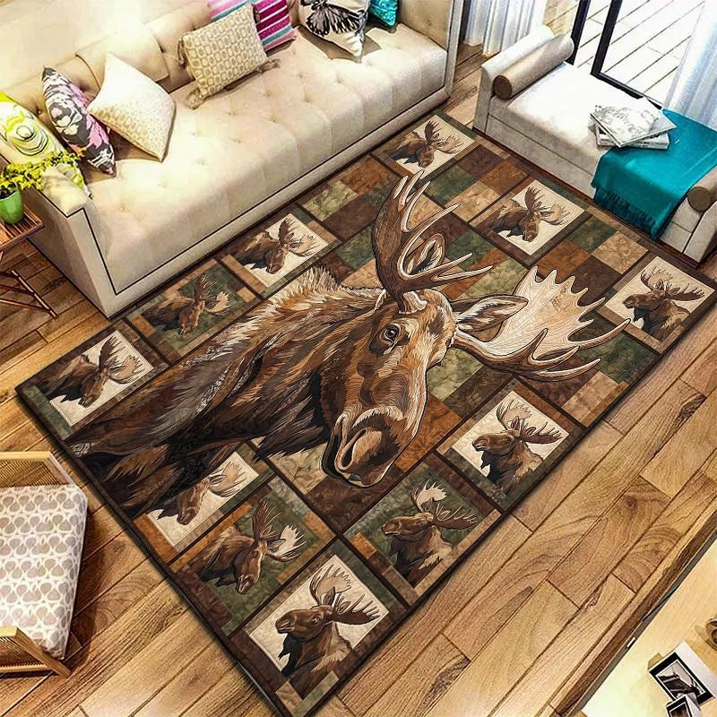 Retro Elk Animal Pattern Square Carpet,Area Rug,Carpet Rug for Living Room Bedroom Sofa Playroom Decor,Non-slip Floor Mat,Holiday Birthday Gifts