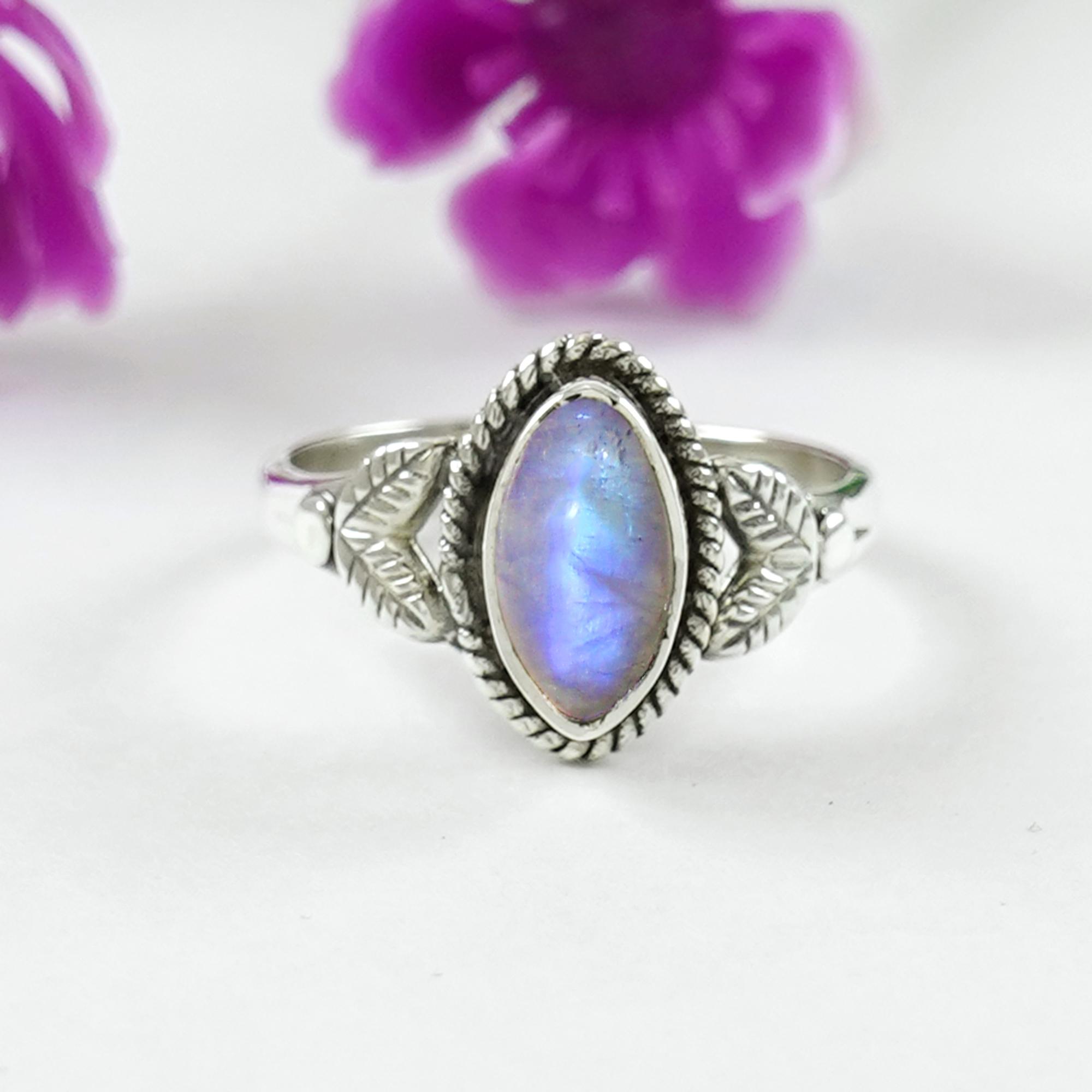 

Marquise Rainbow Moonstone Ring: 925 Sterling Silver Handmade Dainty Ring, 2 Leaves Design Ring 12