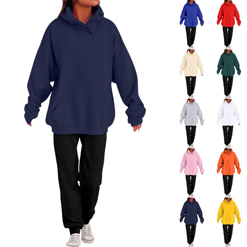 Women's Fashion Casual Solid Color Loose Hooded Sweatshirt Suit