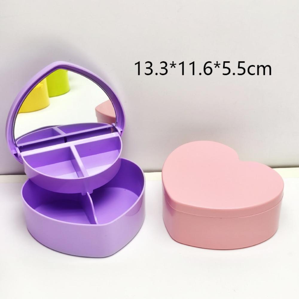 Large Capacity Heart Shape Jewelry Box with Mirror Plastic Jewelry Case Boxes Solid Color Portable Jewelry Organizer Display