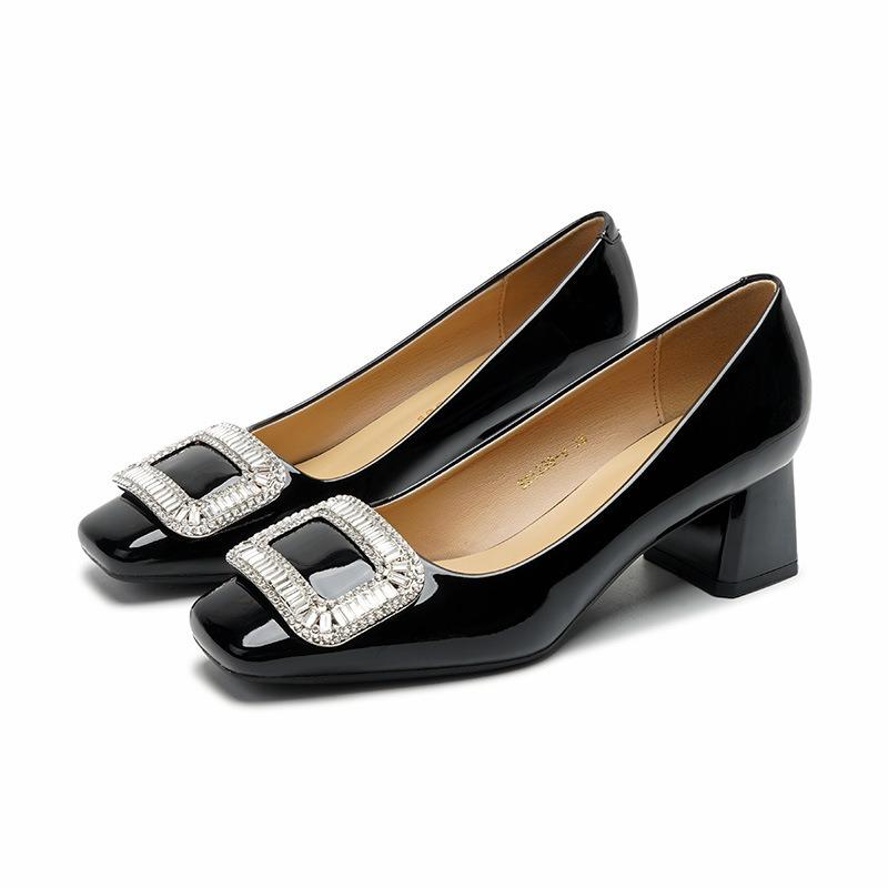 8-Mary Jane shoes women's head patent leather medium heel rhinestone square buckle shoes women's shallow thick heel single shoes autumn
