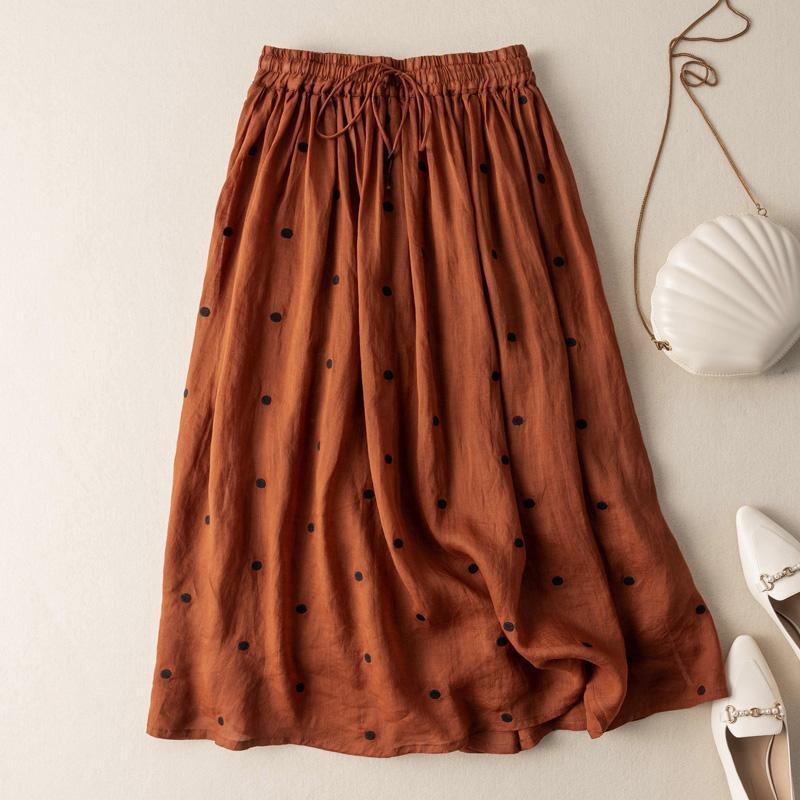 High Waist Polka Dot Literary Ramie Midi Skirt Women's Spring Summer Design Versatile