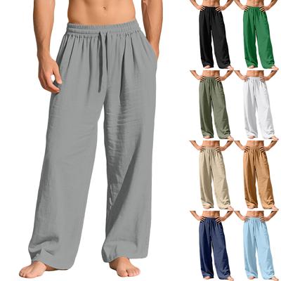 Men's Linen Loose-fitting Casual Sports Pants With Pockets And Drawstring, Solid Color