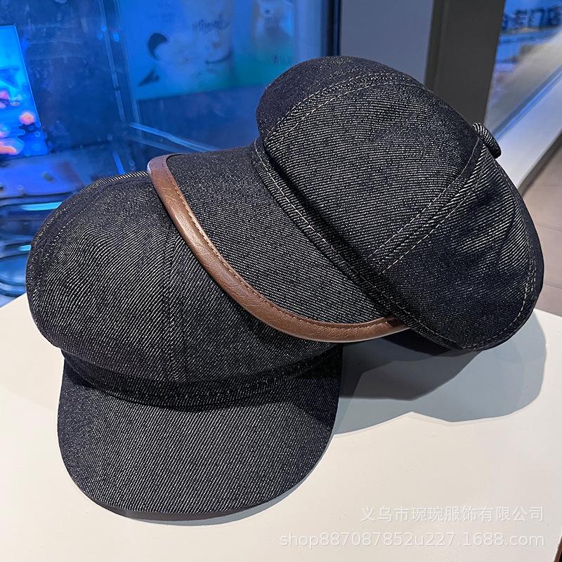 Spring and Autumn New Denim Octagonal Hat Men's and Women's Outdoor Solid Color Versatile Retro Painter Hat Show Face Small Equestrian Hat