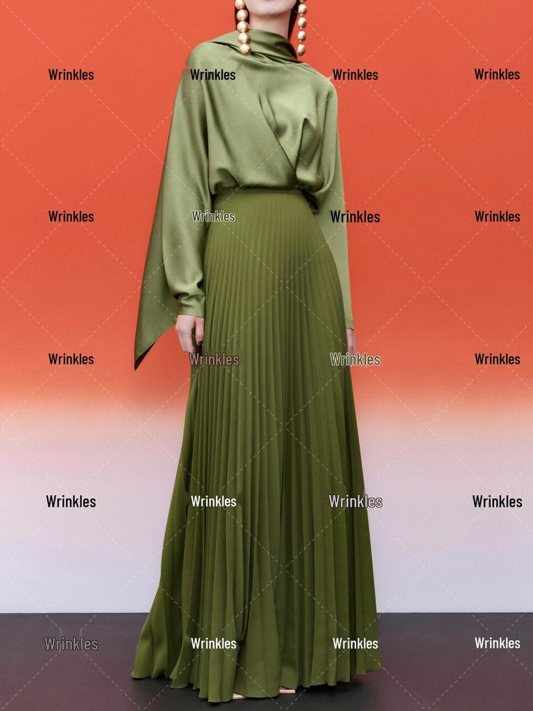 Plus Size Women's Two-Piece Pleated Satin Skirt and Top Set