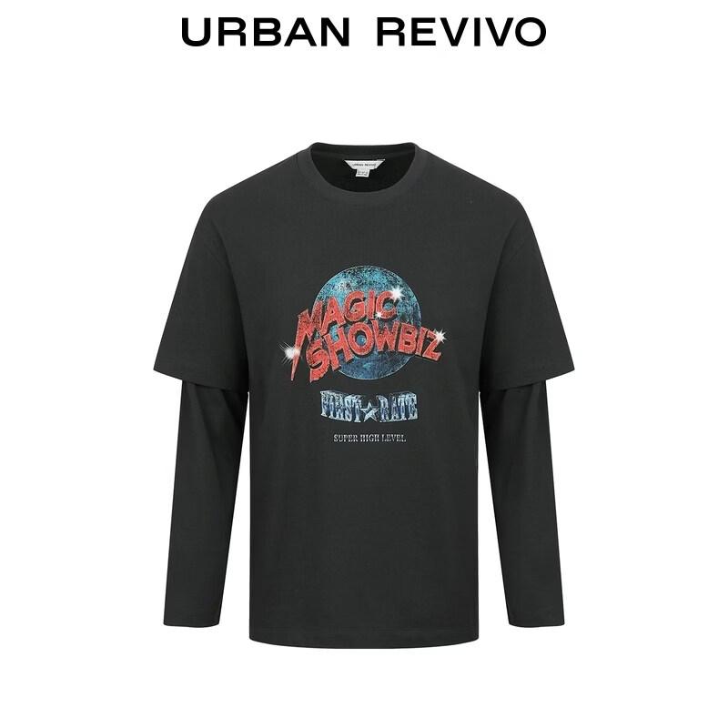 UR Men's 2026 Spring Faux Two-Piece Vintage Print Cotton T-Shirt