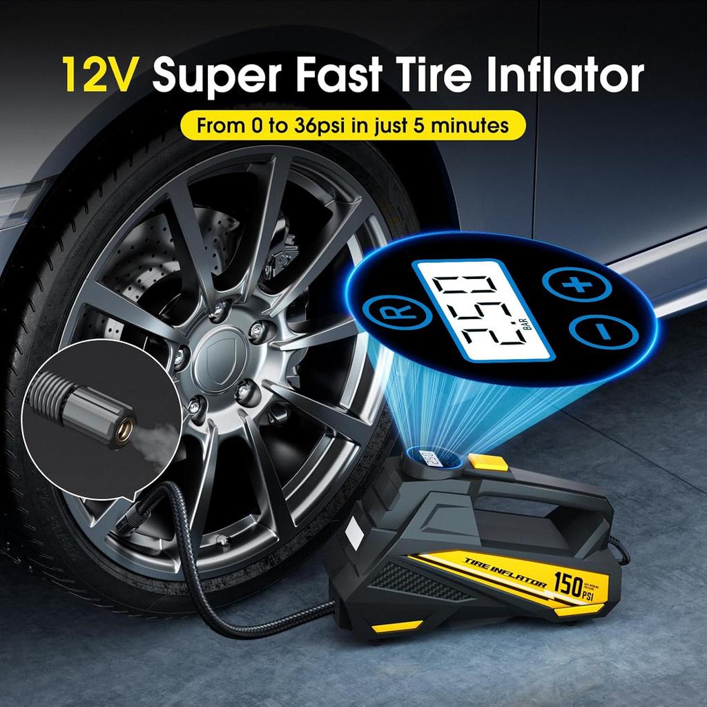 Tire Inflator Portable Air Compressor - DC 12V Air Pump for Car Tires with 150PSI LCD Digital Gauge & Emergency LED Light,Auto Tire Pump for Cars