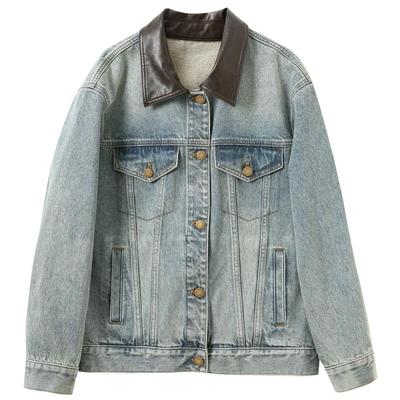 Sancai Retro Washed Loose Denim Jacket with PU Lapel